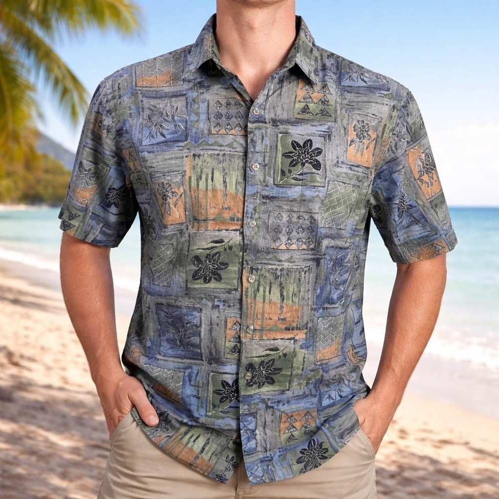 Tori Richard Hawaiian Aloha Shirt Medium Floral Tribal Geometric Collage‎